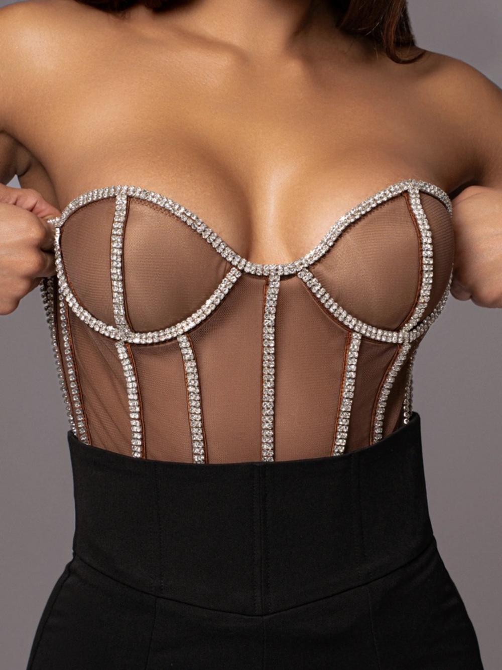 JLUXLABEL Tan/Nude Strappy Mesh Bustier Top NWT size S